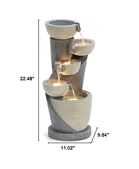 LuxenHome Gray Cascading Bowls and Column Resin Outdoor Fountain with Led Lights