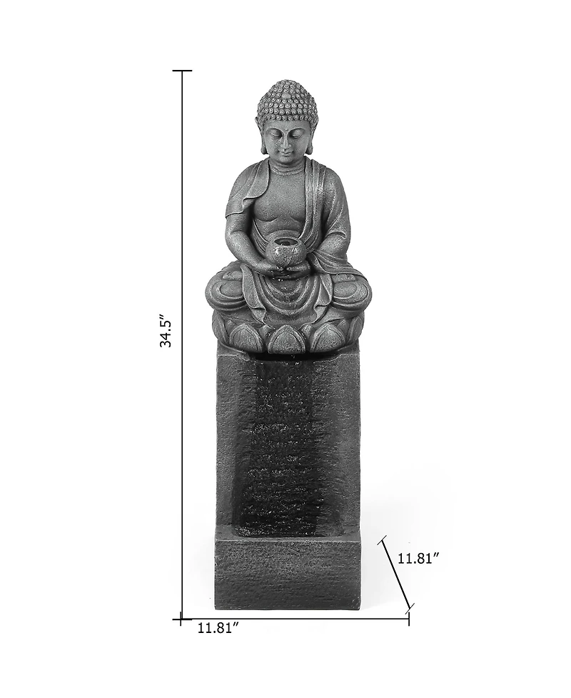 LuxenHome Resin Meditating Buddha on Column Lighted Outdoor Fountain