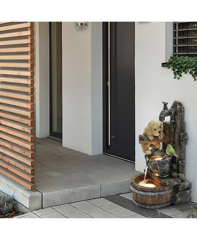 LuxenHome Puppy at the Farmhouse Faucet Resin Outdoor Fountain with Lights