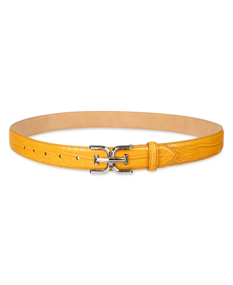 Sam Edelman Women's Skinny Exotic Textured Double-e Plaque Buckle Belt