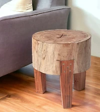 15" Dark Brown And Brown Distressed Reclaimed Wood Round End Table