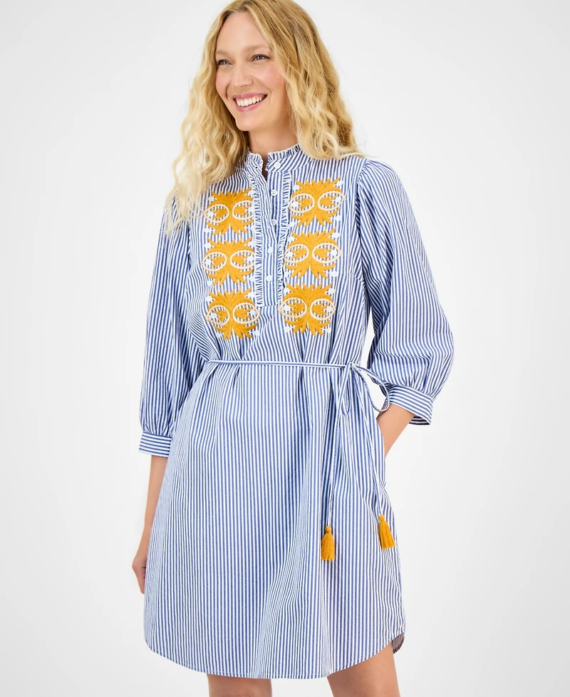 julia jordan Women's Striped Embroidered Tie-Waist Dress