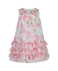 Blueberi Boulevard Baby Girls Ruffle Trim Floral Tent Dress Straw Hat Set