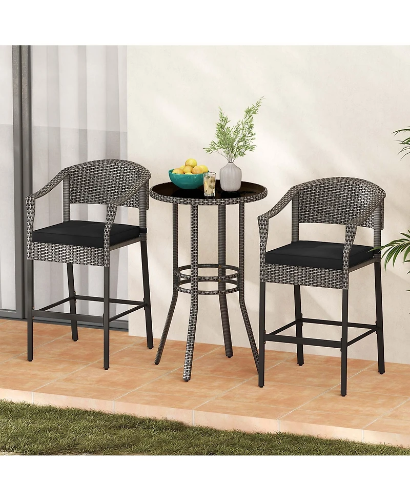3-Piece Patio Rattan Bar Set Wicker Bar Height Armchairs & Round Table