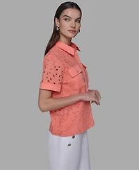 Karl Lagereld Paris Petite Eyelet Button-Front Blouse