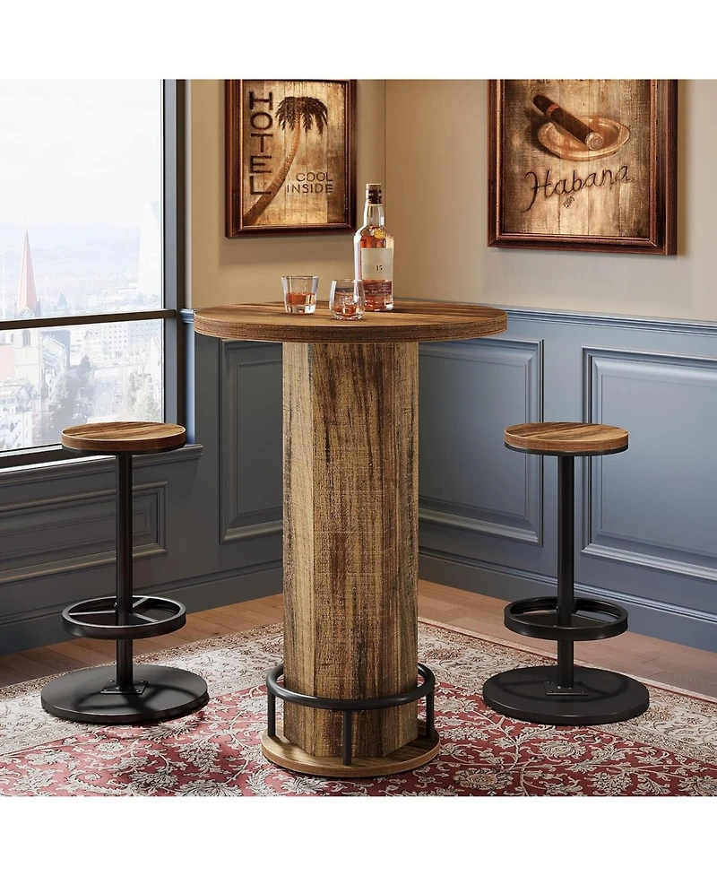 Tribesigns Round Bar Table with 2 Chairs, Industrial Bistro Sets with 2 barstools, Pub Cocktail Table with Metal Ring Footrest for Kitchen Nook, Apart