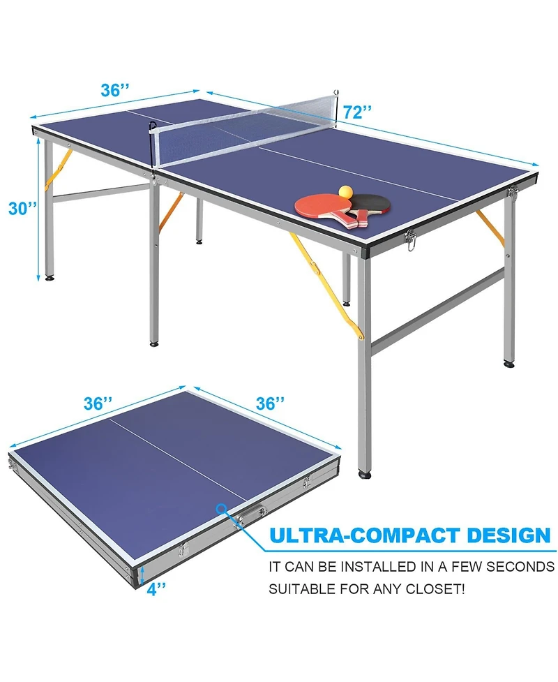 6 ft. Mid-Size Foldable Table Tennis Table Ping Pong Table Set with Net, 2 Paddles and 3 Balls for Indoor Outdoor