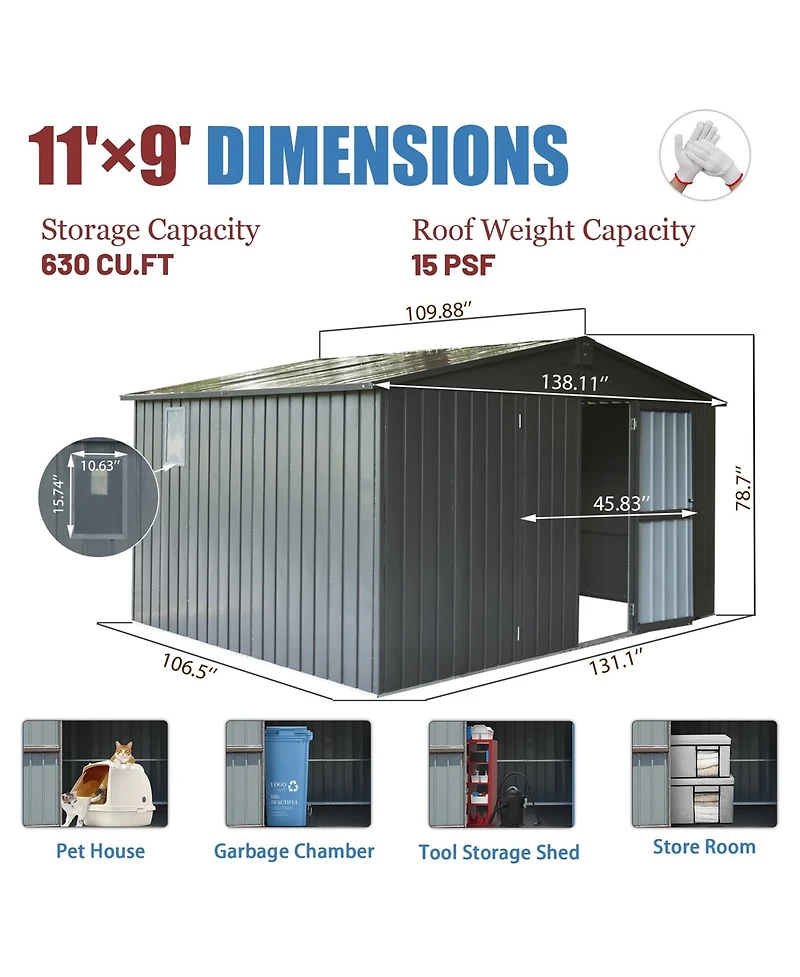 11 ft. W x 9 ft. D Dark Gray Metal Storage Shed with Windows, Utility Tool Storage Room with Lockable Door