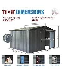 11 ft. W x 9 ft. D Dark Gray Metal Storage Shed with Windows, Utility Tool Storage Room with Lockable Door