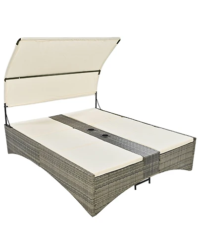 Outdoor Daybed Rattan Sun Lounger with Shelter Roof with Adjustable Backrest, Storage Box and 2 Cup Holders