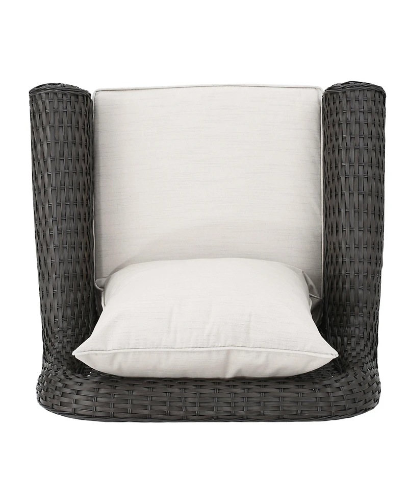 Dark Brown Swivel Faux Rattan Outdoor Patio Lounge Chair with Beige Cushions