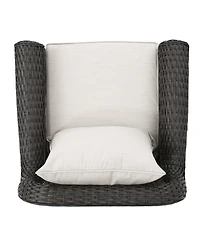 Dark Brown Swivel Faux Rattan Outdoor Patio Lounge Chair with Beige Cushions