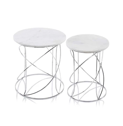 Contemporary Marble Round Accent Table for Living Room-Set of 2