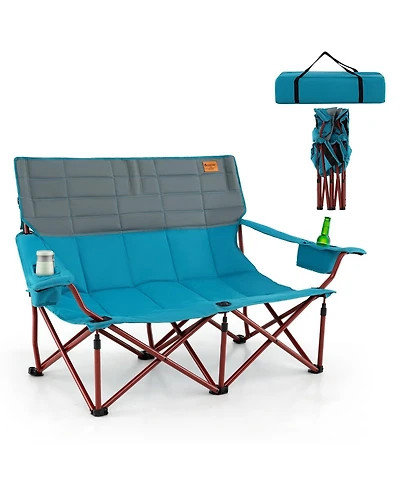 3 Person Folding Camping Chair with 2 Cup Holders Cotton Padding & Storage Bag