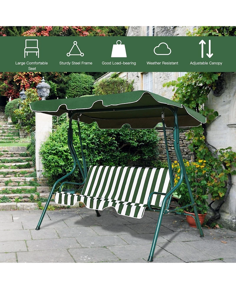 3 Seat Outdoor Patio Canopy Swing with Cushioned Steel Frame