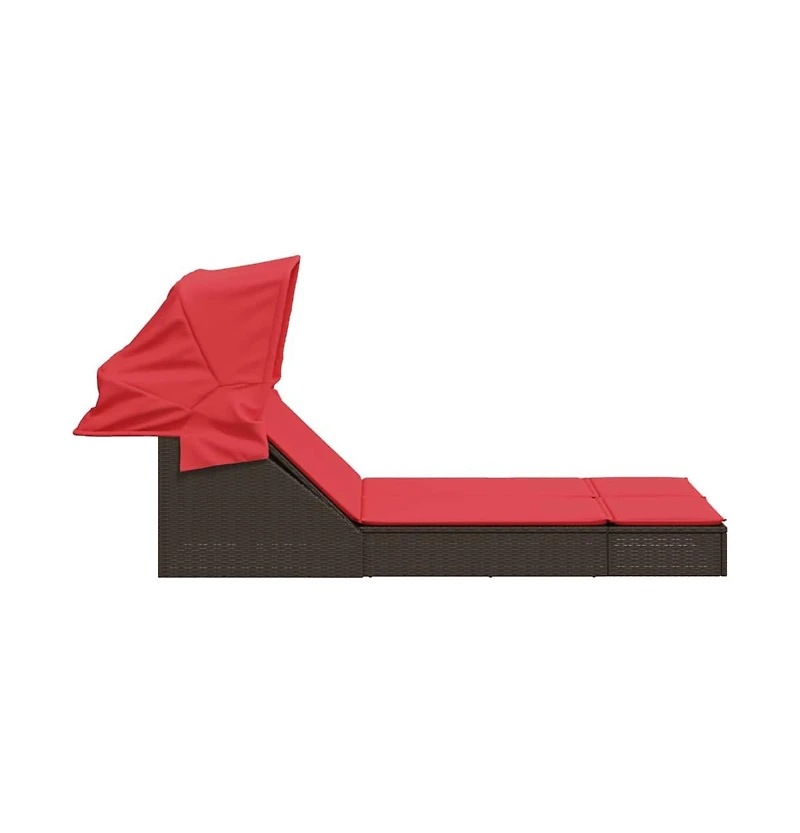 Double Sun Lounger with Canopy and Cushions Brown Poly Rattan