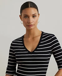 Lauren Ralph Women's Striped Cotton Elbow-Sleeve V-Neck Tee