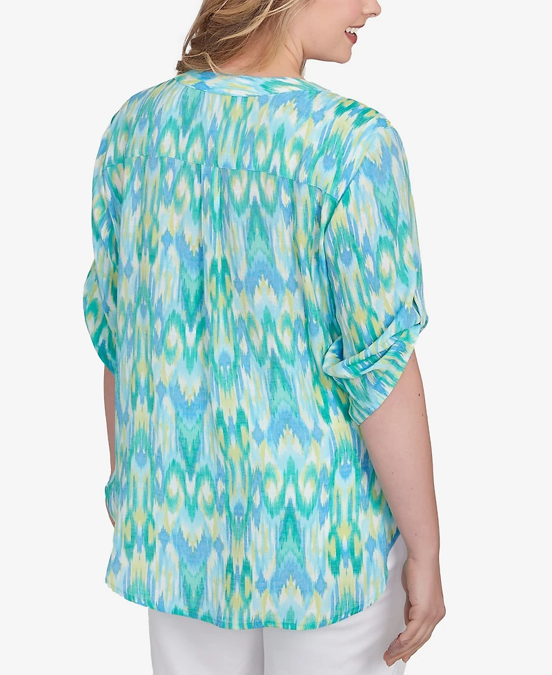Ruby Rd. Plus Paradise Ikat Button Tie Front Top