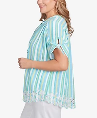 Ruby Rd. Plus Scalloped Stripe Embroidered Tie Sleeve Top