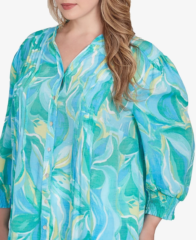 Ruby Rd. Plus Abstract Tropical Silky Button Front Top