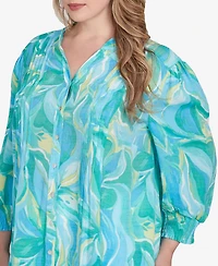 Ruby Rd. Plus Abstract Tropical Silky Button Front Top