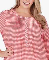 Ruby Rd. Plus Size Gingham Silky Henley Crew Neck Top