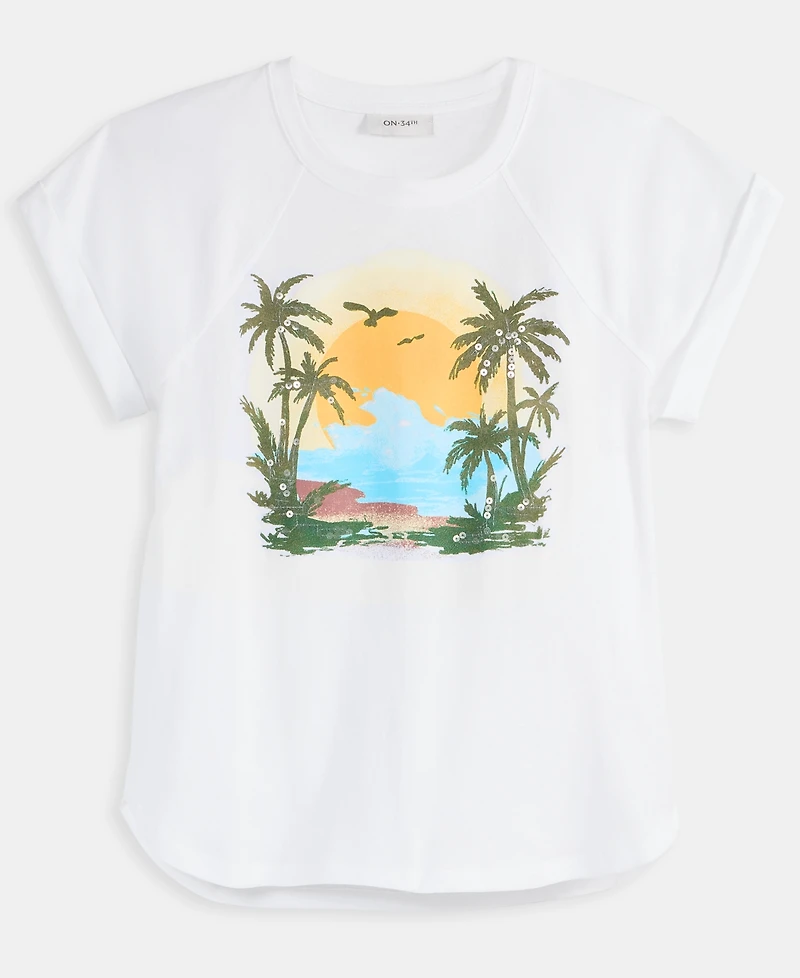 On 34th Women's Raglan Palm-Print Shine T-Shirt, Exclusively at Macy's