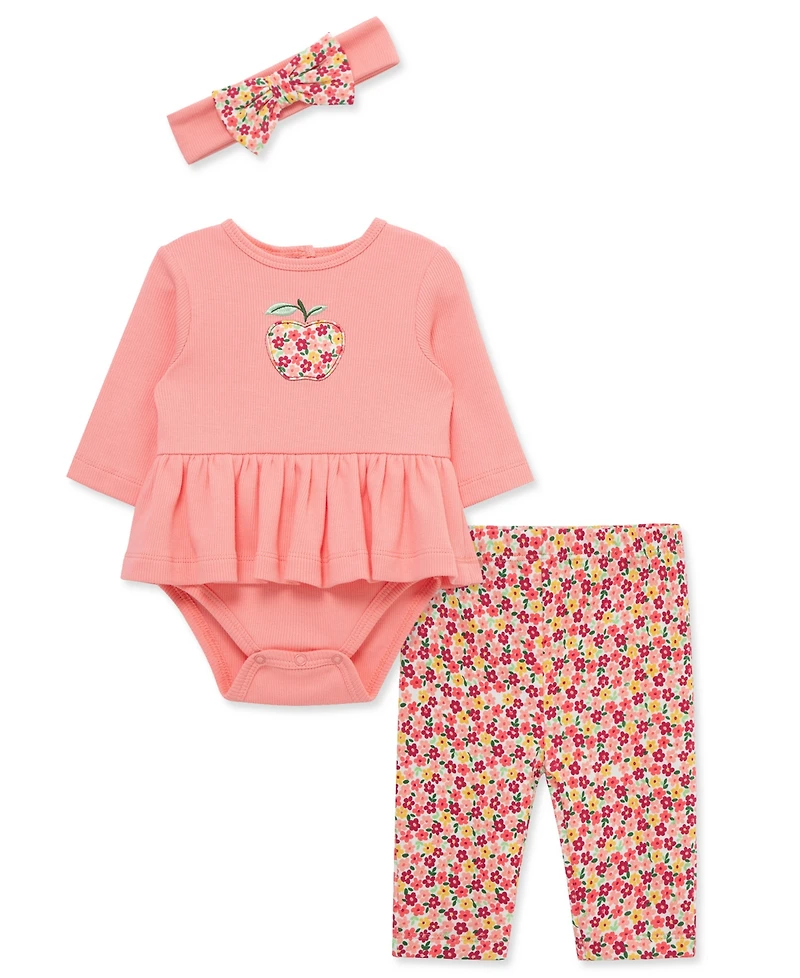 Little Me Baby Girls Cotton Apple Bodysuit, Pants & Headband Set