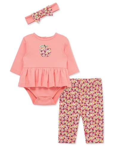 Little Me Baby Girls Cotton Apple Bodysuit, Pants & Headband Set