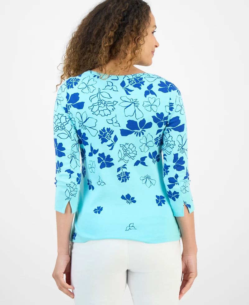 Style & Co Petite Floral Spark Printed Pima Cotton 3/4-Sleeve Top, Exclusively at Macy's
