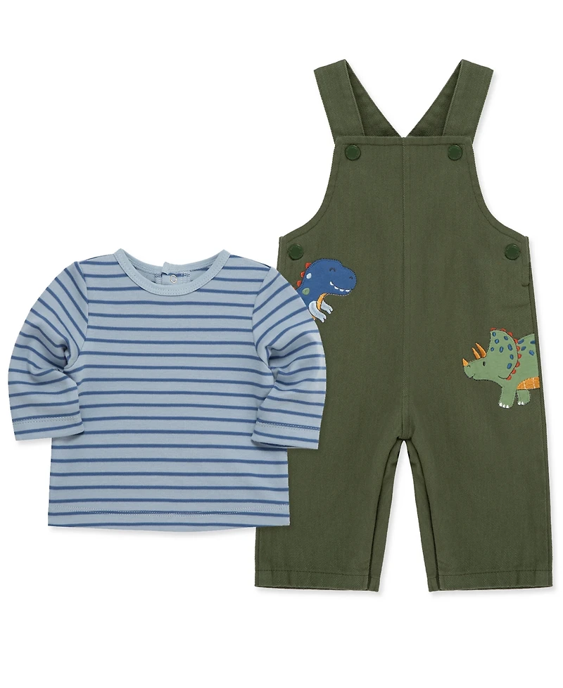 Little Me Baby Boys Cotton Striped T-Shirt & Dino Overalls Set