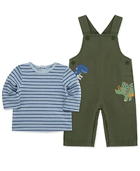 Little Me Baby Boys Cotton Striped T-Shirt & Dino Overalls Set
