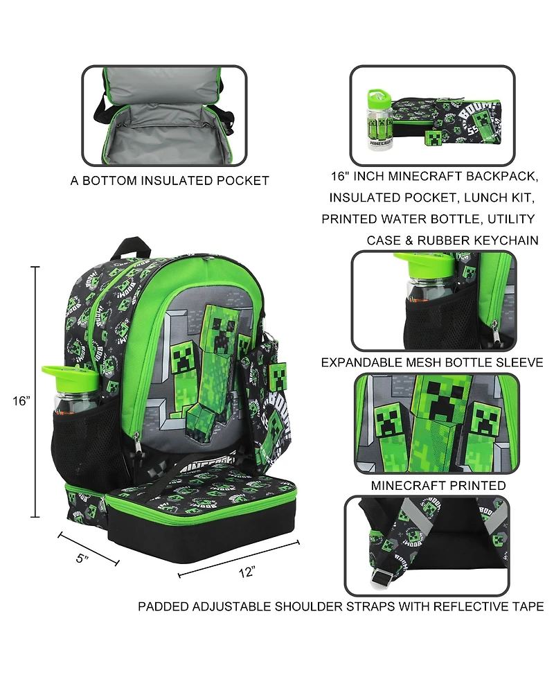 Minecraft Creepers 5-Piece 16" Backpack Set For School & Travel