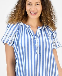 Style & Co Petite Eyelet Embroidered Cotton Flutter-Sleeve Top, Exclusively at Macy's
