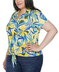 Belldini Plus Tropical Tie-Front Knit Top