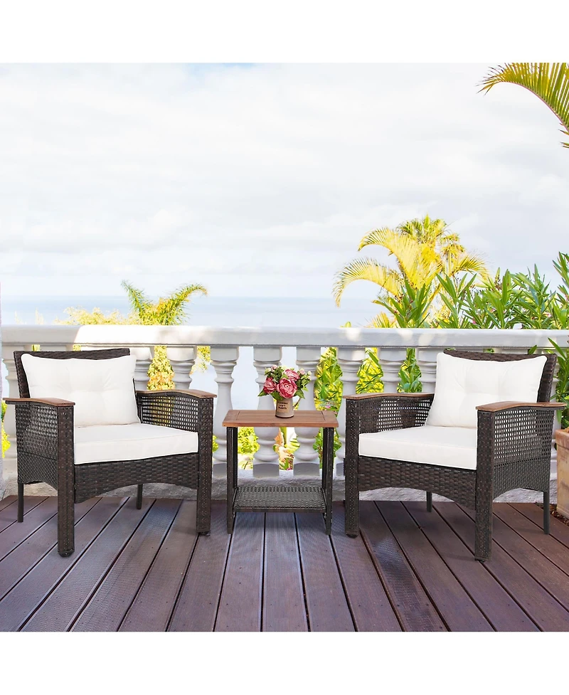 Gymax 3PCS Patio Conversation Furniture Set Pe Rattan Sofa Set W/Wood Top Table