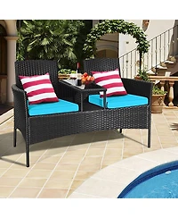 Gymax Rattan Wicker Patio Conversation Set w/ Table Turquoise Cushion