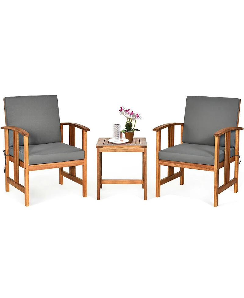 Gymax 3PCS Outdoor Patio Sofa Furniture Set Solid Wood Cushioned Conversation Set Grey