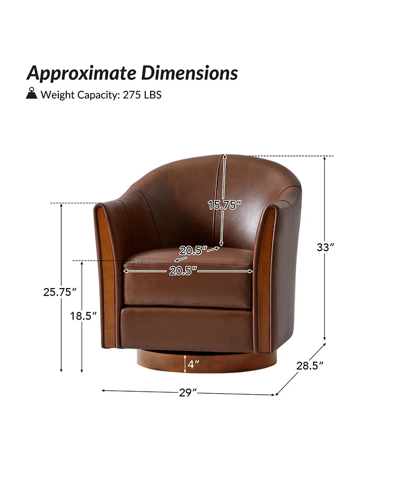 Raul Transitional Genuine Leather 360-degree Swivel Barrel Chair with Solid Wood Base and Armrest