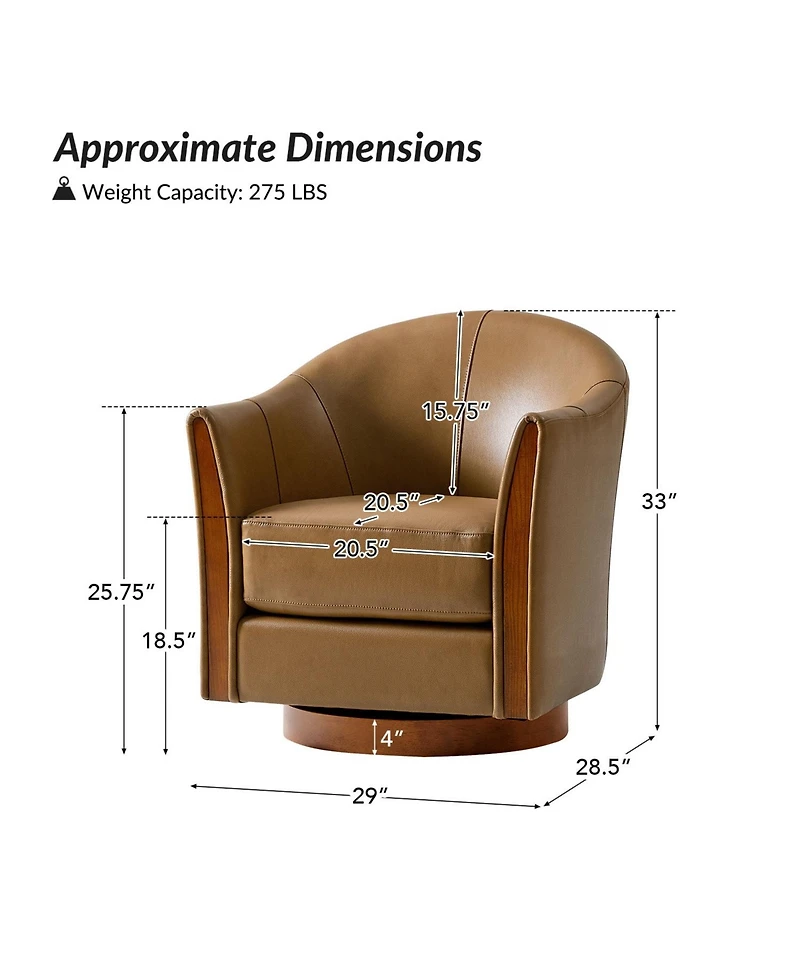 Raul Transitional Genuine Leather 360-degree Swivel Barrel Chair with Solid Wood Base and Armrest