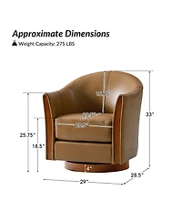 Raul Transitional Genuine Leather 360-degree Swivel Barrel Chair with Solid Wood Base and Armrest