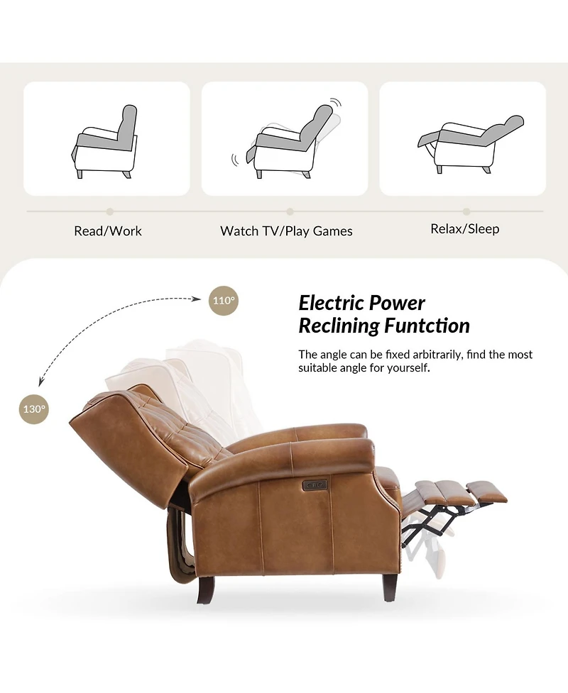 Silvia Button-tufted Genuine Leather Power Recliner with Solid Wood Legs