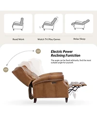 Silvia Button-tufted Genuine Leather Power Recliner with Solid Wood Legs
