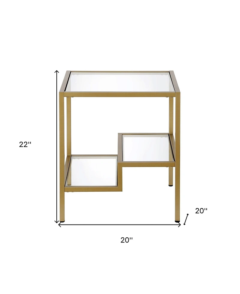 Modern 22" Square End Table – Brass Finish, Clear Glass, and Two Shelves