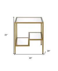 Modern 22" Square End Table – Brass Finish, Clear Glass, and Two Shelves