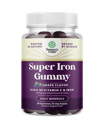 Super Iron Gummy, Chewable Iron Supplement for Women and Men with Vitamin C for Higher Absorption, Grape Flavor, Nature's Craft 30ct