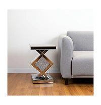 Mirrored Glass End Table with Faux Crystals for Living Room or Bedroom