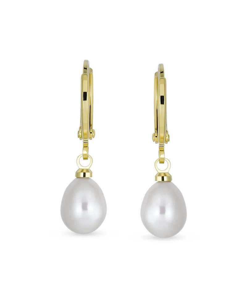 Bling Jewelry Classic Simple Yellow Gold Plated White Freshwater Cultured Pearl Pear Shape Teardrop Mini Hoop Huggie Drop Earrings