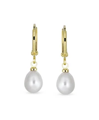 Bling Jewelry Classic Simple Yellow Gold Plated White Freshwater Cultured Pearl Pear Shape Teardrop Mini Hoop Huggie Drop Earrings