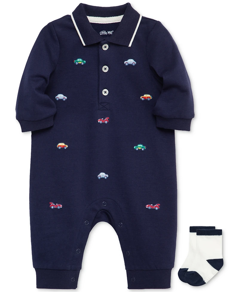 Little Me Baby Boys Cars Coverall & Socks, 2 Piece Set